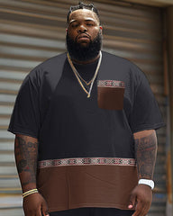 Men's Plus Size Simple Casual Stitching Ethnic Printing Pocket T-shirt Shorts Suit