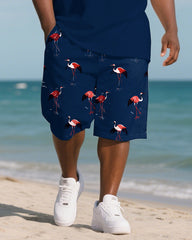Big Men's Hawaiian Theme Funny Crane Style Short Sleeve Polo Shirt 2-piece Short Set