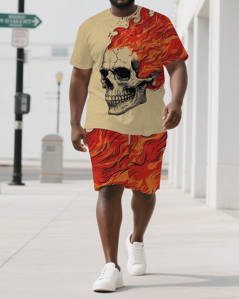 Burn Bright with Skull Spirit Men's Skeleton Print Casual Big & Tall Short Sleeve T-shirt 2-Piece Set