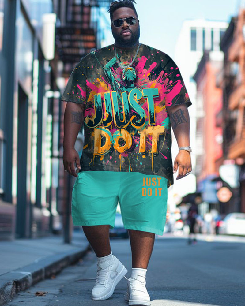 Men's Plus Size Street Fashion Graffiti Alphabet Print T-Shirt Shorts Suit