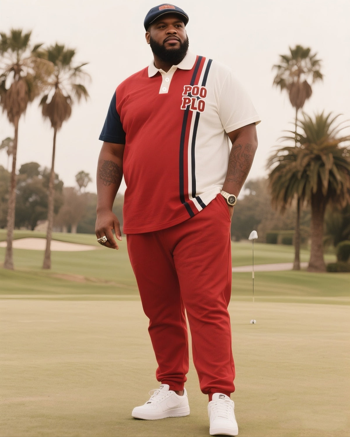 Men's Plus Size Daily Casual Red Spell White Short Sleeve Simple Striped Polo Pants Suit
