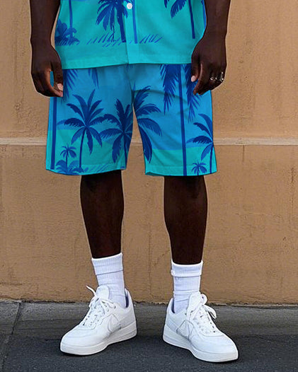 Big Men's Gradient Hawaiian Coconut Trees Printed Cuban Collar Short Sleeve Shirt Shorts Set