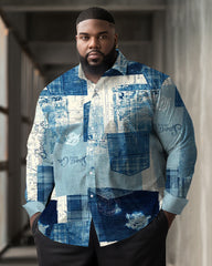 Plus Size Men's Casual Vintage Denim Patches Print Lapel Long Sleeve Shirt