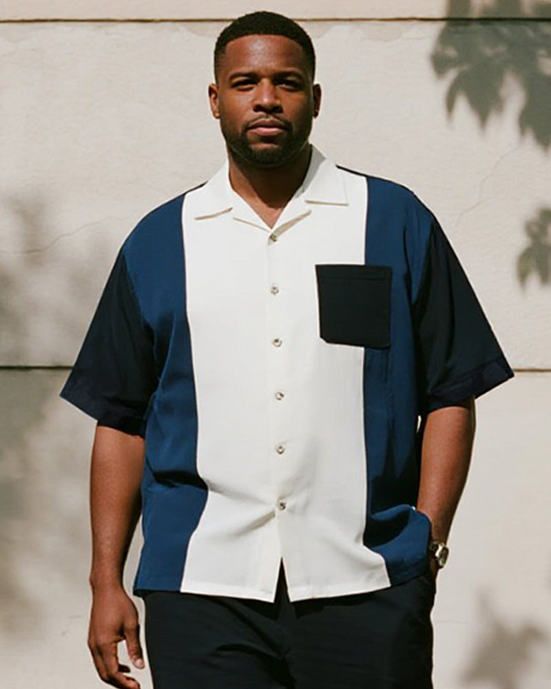 Big & Tall Men's Business Blue Colorblock Stripe Printed Pocket Short Sleeve Shirt Trousers Suit