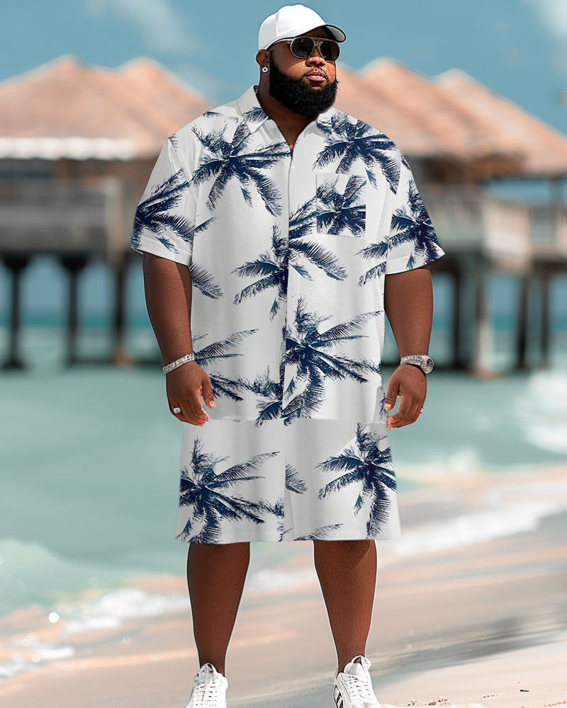 Big Guy Hawaiian Coconut Tree Print Pocket Short Sleeve Shirt Shorts Set