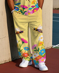 Big Men's Animal World Bee in Flower Printed Casual Crew Short Sleeve T-shirt Pants Set