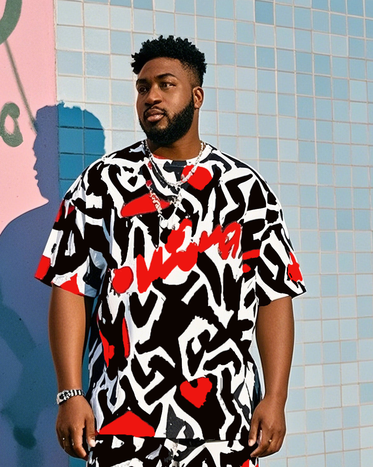 Plus Size Men's Creative Graffiti Print T-shirt Shorts Suit