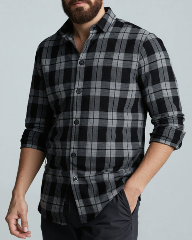 Big & Tall Men's Black-autumn/winter Commuter Plaid Flannel Fabric Long Sleeve Shirt