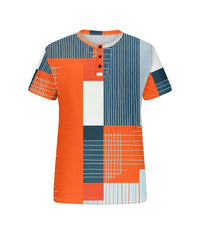 Big & Tall Men's Orange Stripe Geometric Print Henley Collar Button Short Sleeve Tee