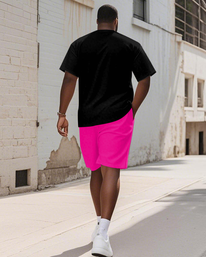 Men's Plus Size Flame Pink New LIFE Alphabet Print Round Neck Short Sleeve T-Shirt Shorts Suit
