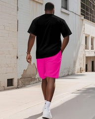 Men's Plus Size Flame Pink New LIFE Alphabet Print Round Neck Short Sleeve T-Shirt Shorts Suit