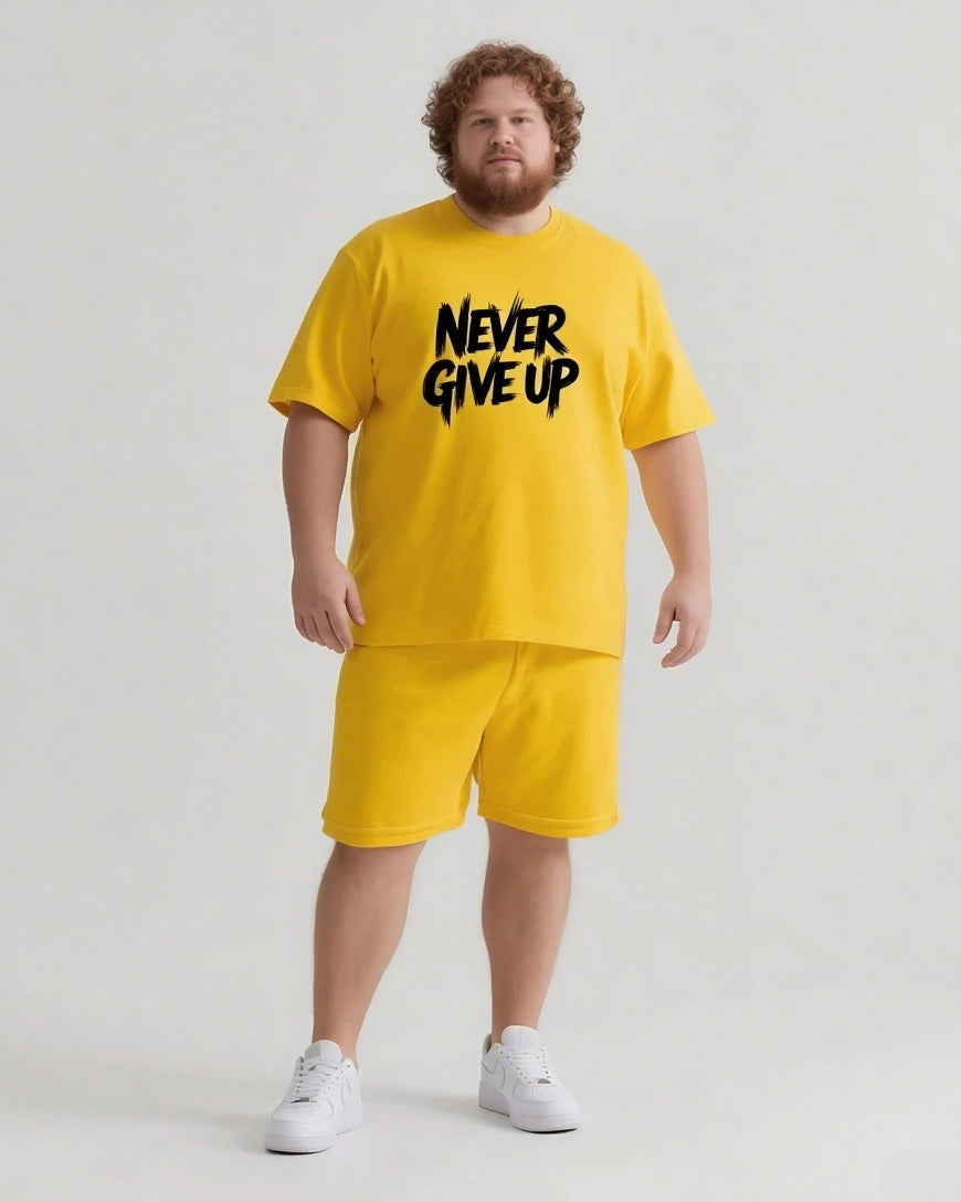 Never Give Up It’s Not The End Men's Big and Tall Simple Lettering Short Sleeve T-shirt Shorts Set