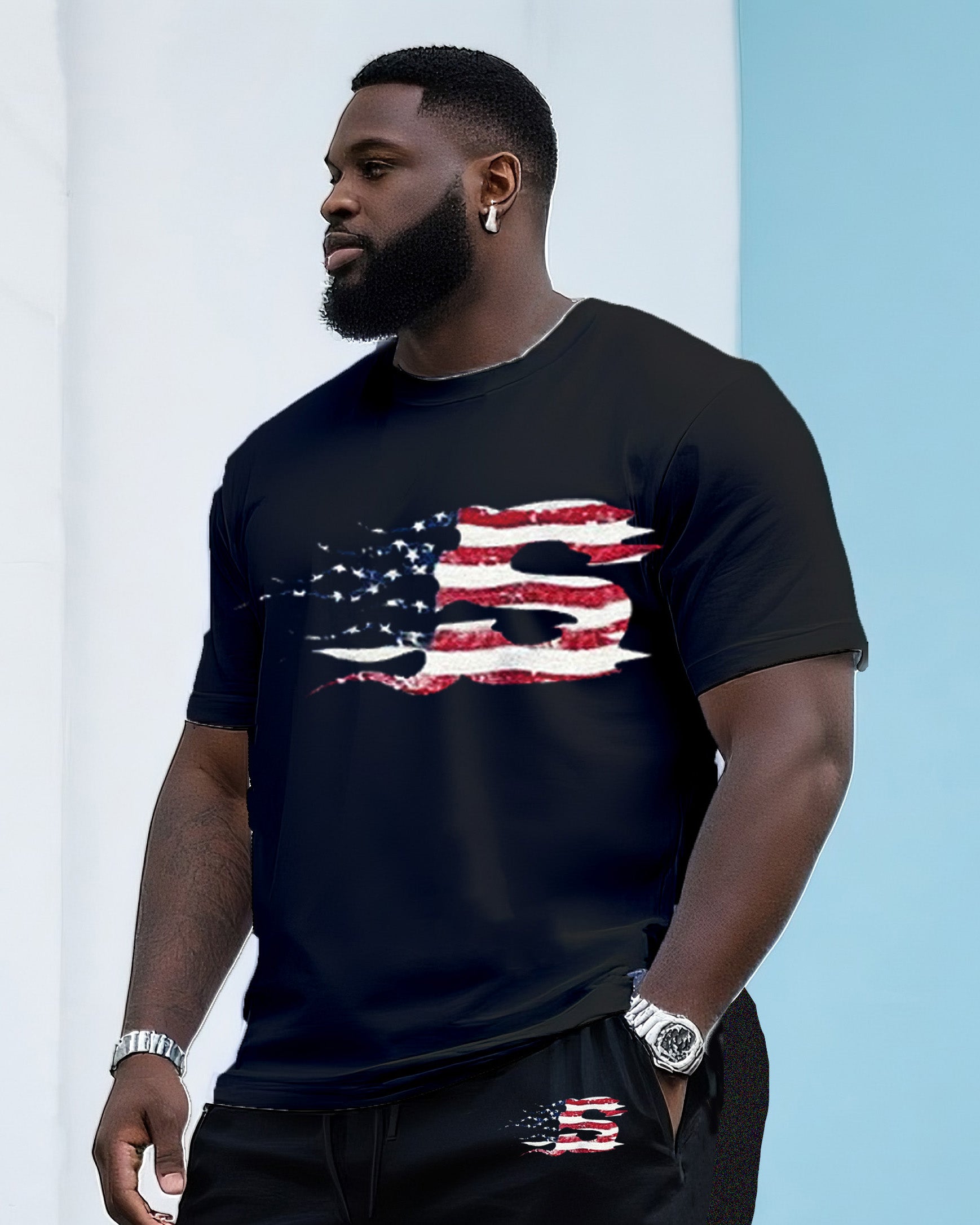 Big & Tall Men's Original Patriotic Flame Print Independence Day Crewneck T-Shirt Shorts Suit