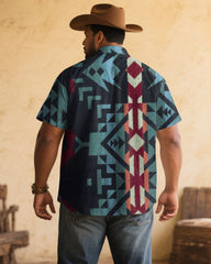 Men's Plus Size Retro Western Denim Classic Color Print Short Sleeve Shirt