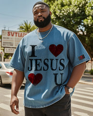Big & Tall Men's Street Fashion I Love Jesus And Jesus Loves You Color Hot Stamping-washed Denim Short Sleeve T-shirt