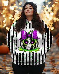Women's Plus Halloween Colorblock Striped Pumpkin Print Long Sleeve Hoodie