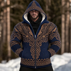Men's Vintage Viking Wing Celtic Art Cozy Warm Knitted Jacquard Zipper Hooded Sweater