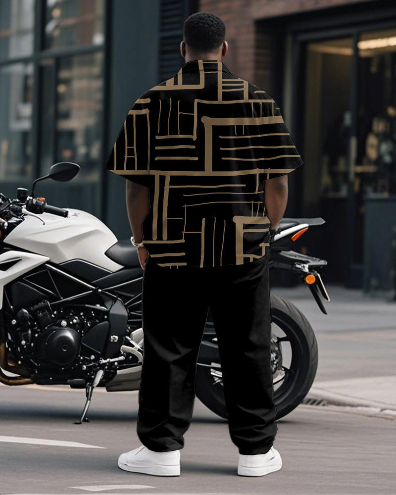 Men's Plus Size Business Khaki Black Geometric Color Block Print Short Sleeve Shirt Trousers Suit