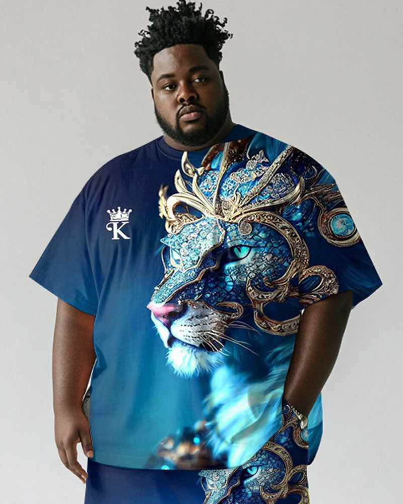 Men's Plus Size Street Blue Leopard Letter Print Short Sleeve T-Shirt Shorts Suit