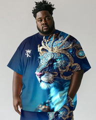 Men's Plus Size Street Blue Leopard Letter Print Short Sleeve T-Shirt Shorts Suit