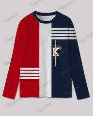 Men's Plus Size Blue And Red Color Block Striped K Letter Printed Long Sleeve T-shirt Trousers Suit