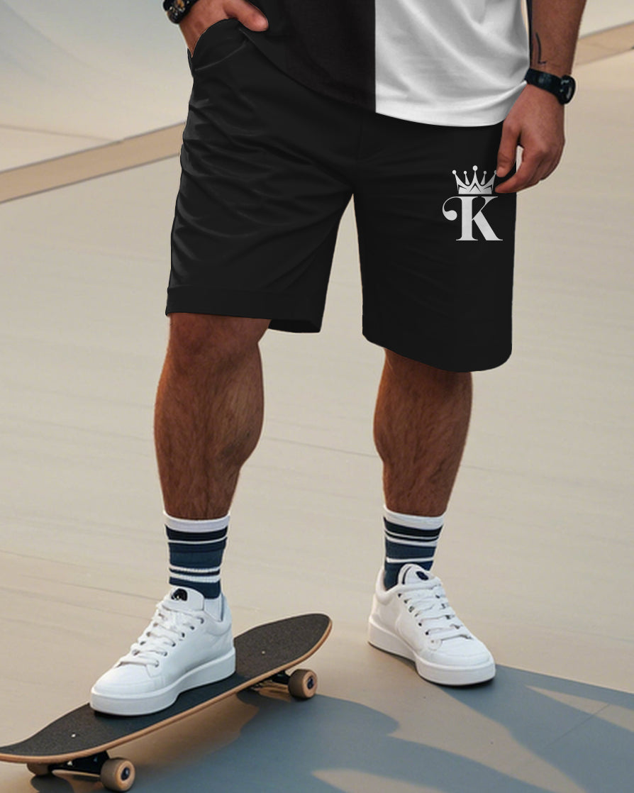 Men's Plus Size Black and White King Crown Contrast T-Shirt Shorts Suit