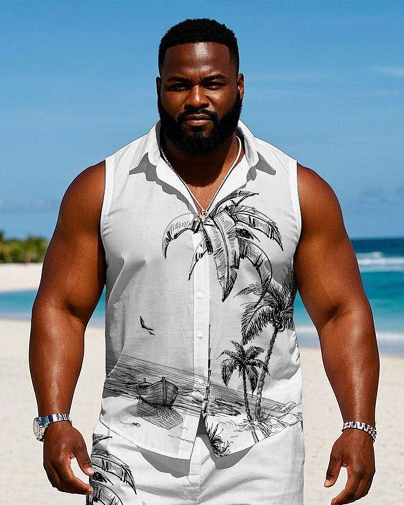 Men's Plus Size Hawaiian White Hand Painted Coconut Sleeveless Vest Shirt Shorts Suit
