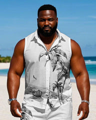 Men's Plus Size Hawaiian White Hand Painted Coconut Sleeveless Vest Shirt Shorts Suit