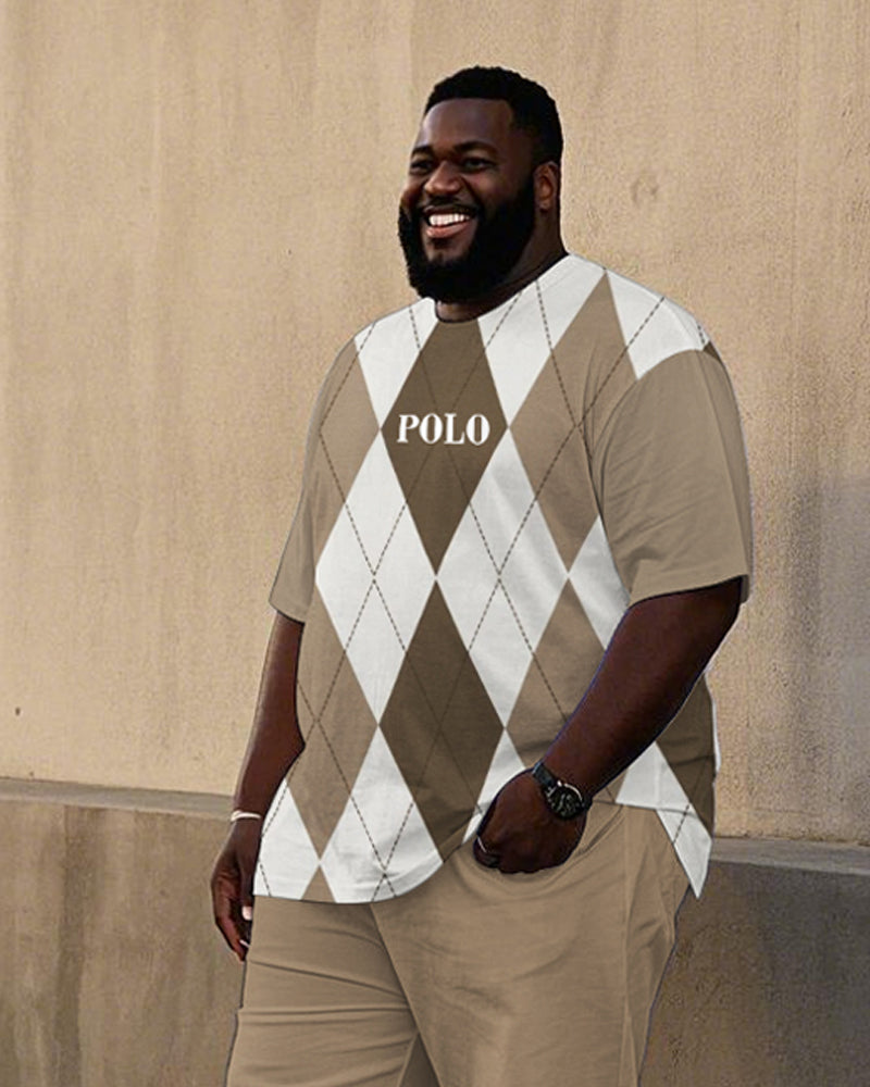 Men's Plus Size Khaki Red Brown White Diamond Plaid POLO Printed T-Shirt Trousers Suit