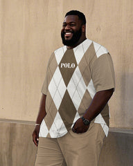 Men's Plus Size Khaki Red Brown White Diamond Plaid POLO Printed T-Shirt Trousers Suit