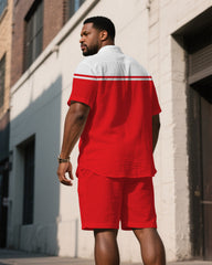 Men's Plus Size Red & White Irregular Stitching Short Sleeve Shirt Shorts Suit