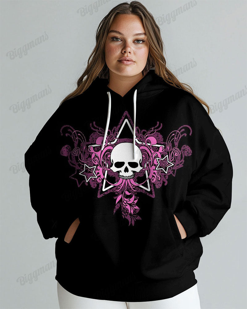 Women's Plus Vintage Star Skull Print Long-sleeved Hoodie