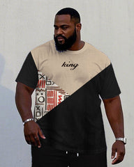 Men's Plus Size Black & Khaki Colorblock King Chest Print Short Sleeve T-Shirt Trousers Suit