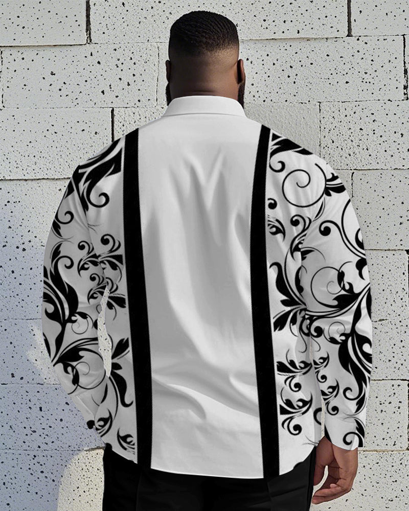 Men's Plus Size Business Black And White Retro Pattern Printed Long Sleeve Shirt