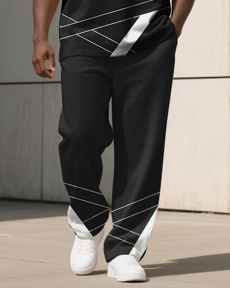 Men's Plus Size Black Color-block Geometric Stripe Alphabet Print T-shirt Trousers Suit