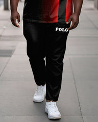 Men's Plus Size Black And Red Gradient Colorblock Alphabet Print Henry Collar T-Shirt Trousers Suit