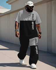 Men's Plus Size Black And Grey Colorblock Alphabet Print Henry Collar T-Shirt Trousers Suit