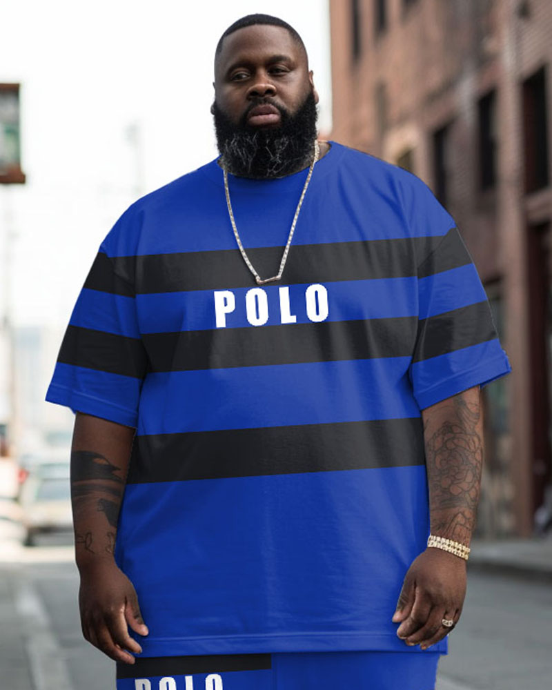 Men's Big & Tall Street Fashion POLO Letter Black Striped T-Shirt Trousers Set