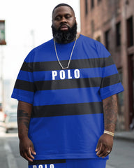 Men's Big & Tall Street Fashion POLO Letter Black Striped T-Shirt Trousers Set