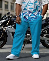Men's Plus Size Business White & Blue Geometric Gradient Arrangement Short Sleeve Shirt Trousers Suit
