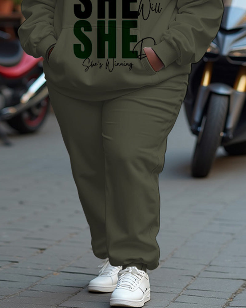 Women's Plus Size She Letter Long Sleeve Hoodie and Casual Pants Set