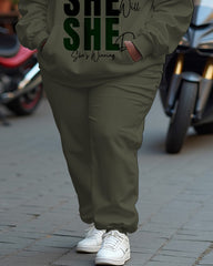 Women's Plus Size She Letter Long Sleeve Hoodie and Casual Pants Set