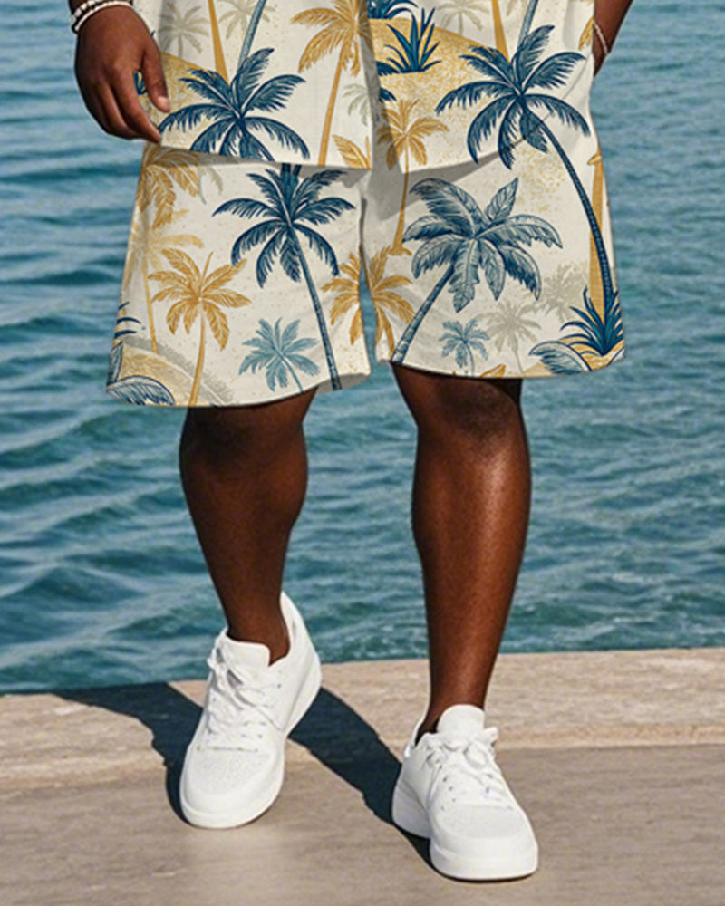 Men's Plus Size Hawaiian Hand Painted Yellow Blue Coconut Tree Print Shirt Shorts Suit