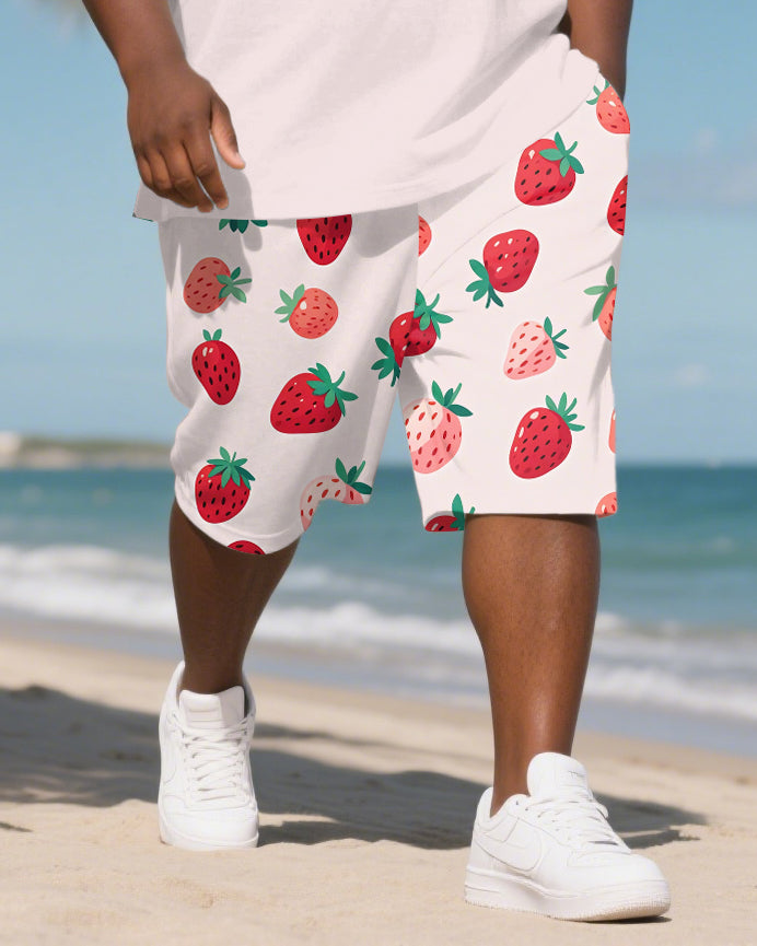 Big Men's Romantic Strawberry Hawaiian Theme Short Sleeve Polo Shirt 2-piece Short Set