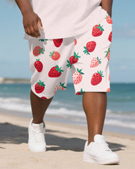 Big Men's Romantic Strawberry Hawaiian Theme Short Sleeve Polo Shirt 2-piece Short Set