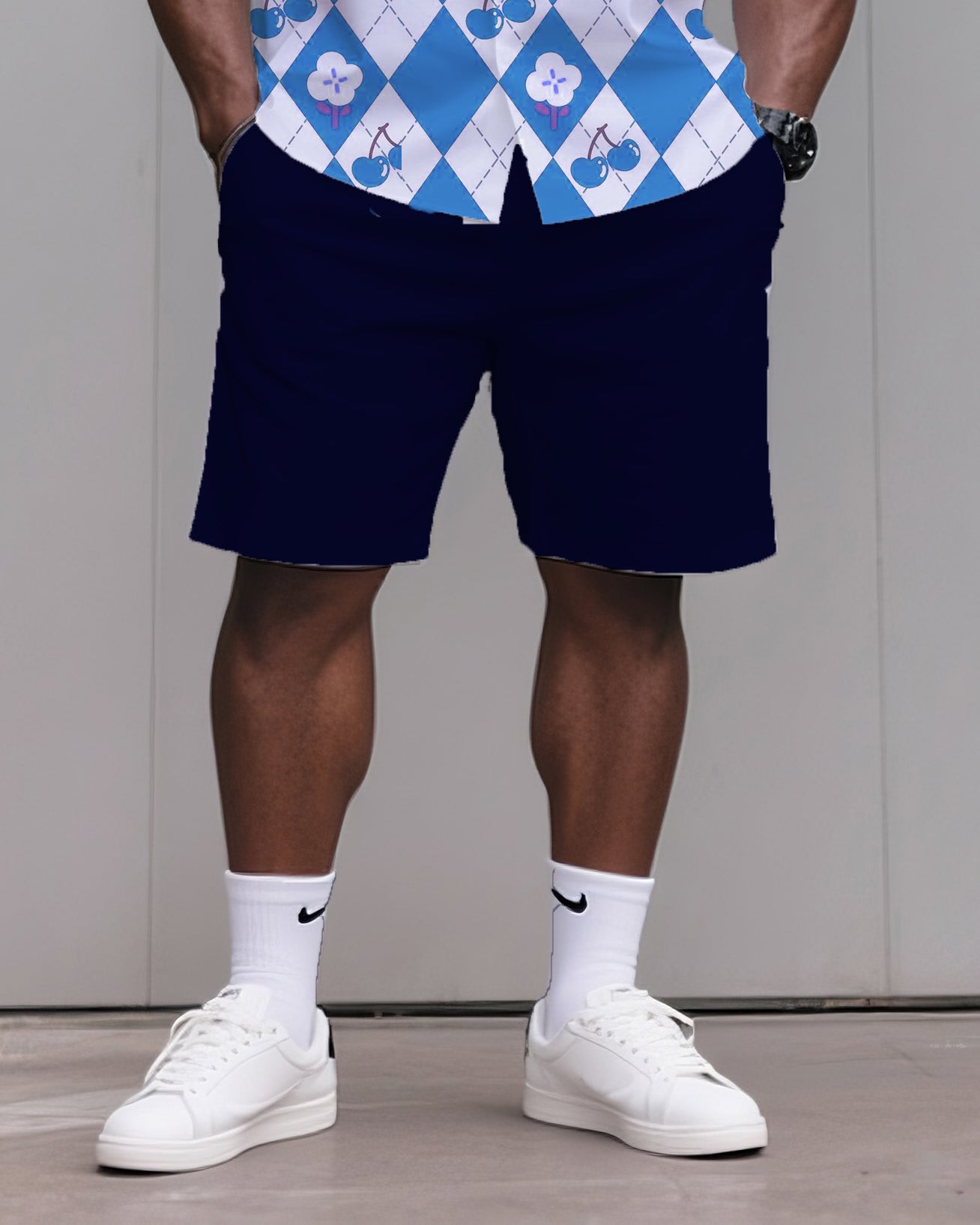 Big & Tall Men's Daily Casual Diamond Cherry Print Shirt Shorts Suit