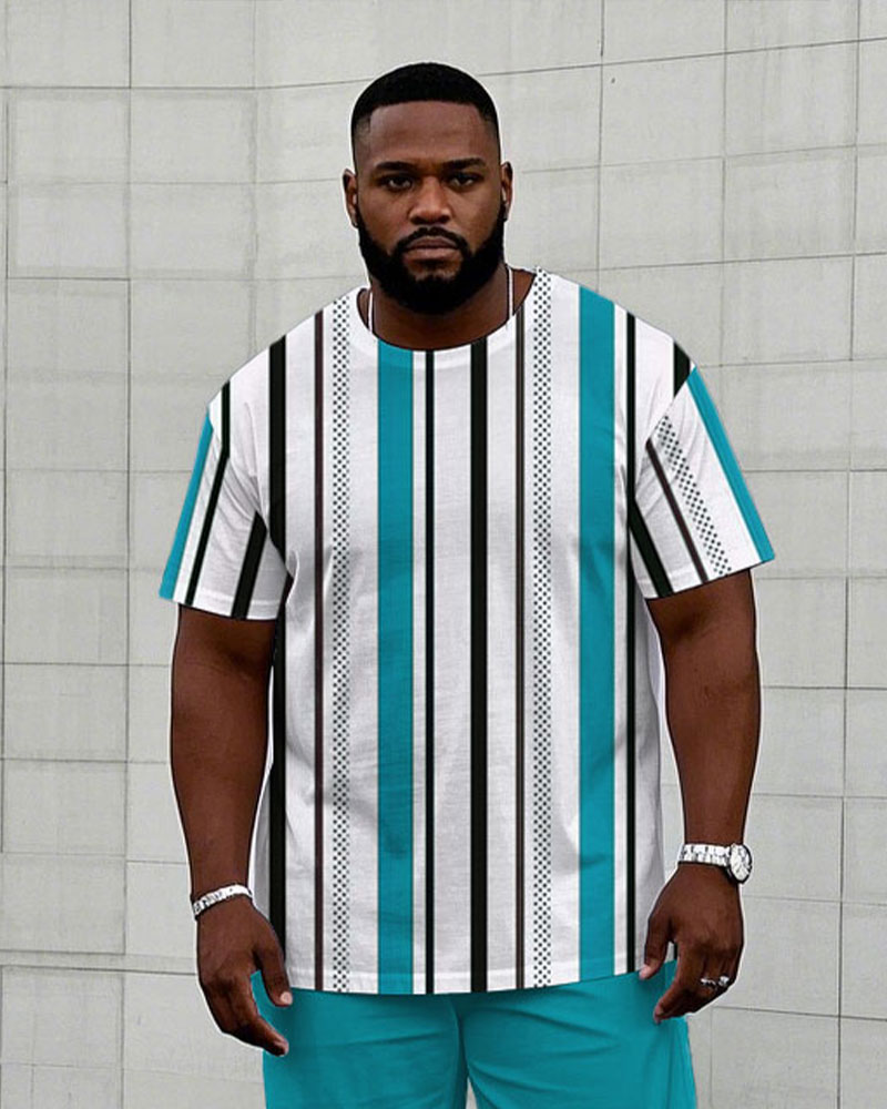 Men's Plus Size Casual Vertical Stripe Lake Blue Printed Short-sleeved T-shirt Trousers Suit
