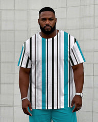 Men's Plus Size Casual Vertical Stripe Lake Blue Printed Short-sleeved T-shirt Trousers Suit