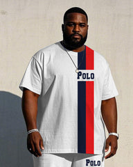 Men's Plus Size White Color-block Line Chest Small Label Printed Short-sleeved T-shirt Trousers Suit