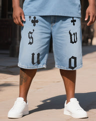 Big & Tall Men's Alphabet Print Short Sleeve Shorts Denim Suit